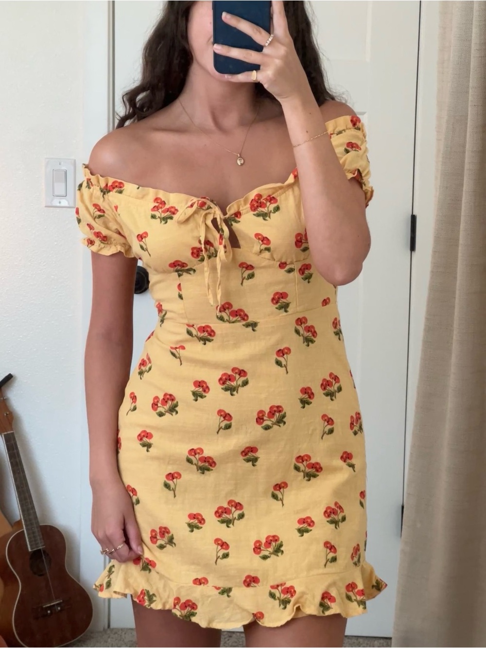 Urban Outfitters Yellow Floral Off-Shoulder Mini Dress